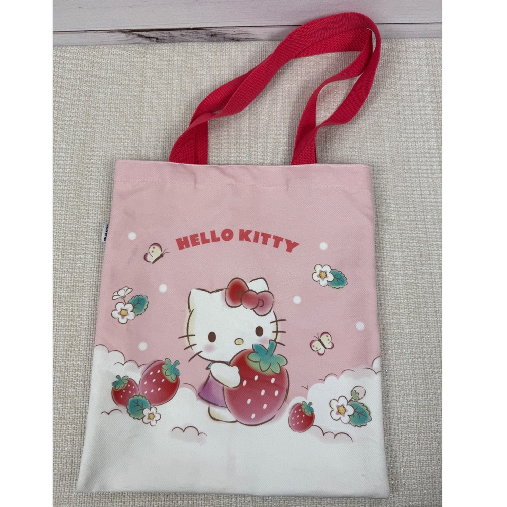 Hello Kitty Strawberry Tote Bag Miniso Pink Canvas‎ Reusable Shopping